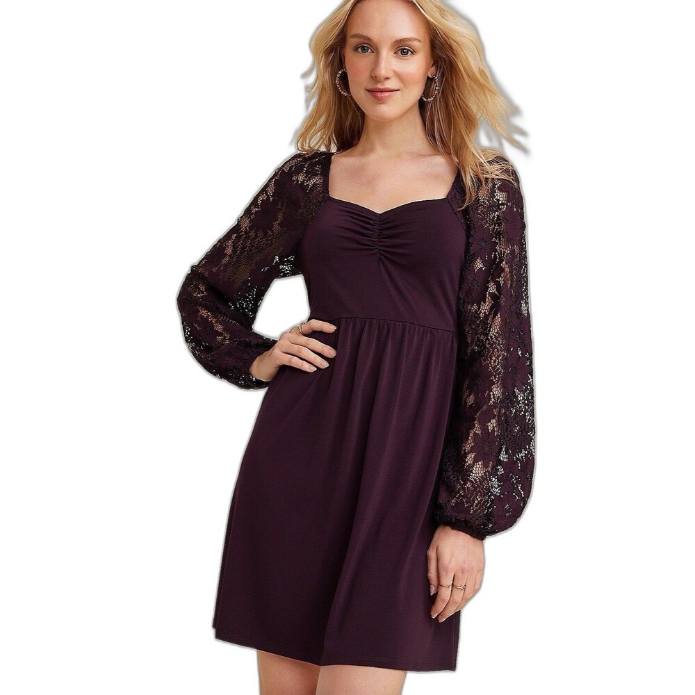 Maurices | Cinched Bodice Lace Sleeve Purple Mini Dress Size Small